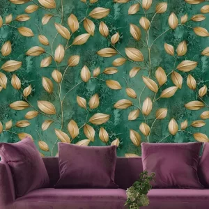 Emerald Hued Wallpaper With Golden Foliage Motif BL1145