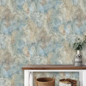 Artisitic Blue Wallpaper With Faded Ornamental Patterns BL1102