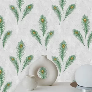 Elegant Peacock Feather Wallpaper With Embossed And Crackled Design BL1031