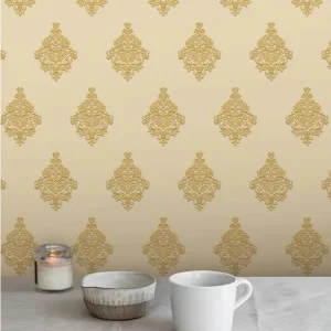 Gold-Beige Damask Wallpaper With Timeless Ornamental Design BL1044
