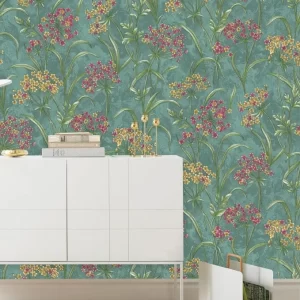 Artistic Teal Wallpaper With Colorful Wildflower Meadow Motif BL1075