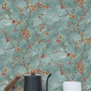 Blue Hued Wallpaper With Floral Branch Blossom Patterns BL1065