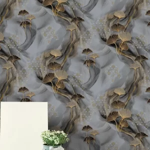 Gold Ginkgo Leaves Wallpaper With Blue-Gray Waves 62066