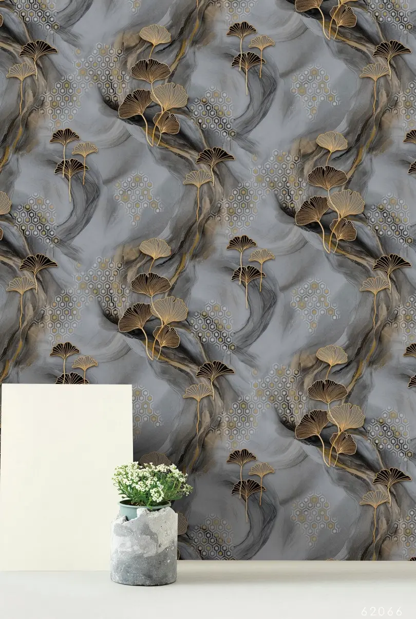 H2O 2_02(1) Gold Ginkgo Leaves Wallpaper With Blue-Gray Waves 62066