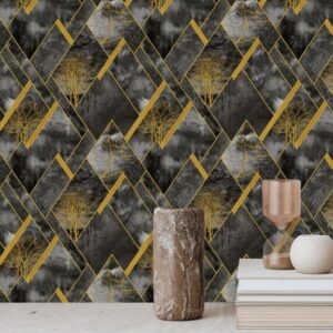 Geometric 3D Wallpaper Black Base With Gold Lines And Tree Motifs MA1134