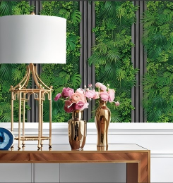 Vertical Greenery Wallpaper With Lush Foliage&Modern Stripes 12155