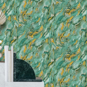 Blue-Green Marbled Wallpaper With Gold Veined Tropical Foliage12055