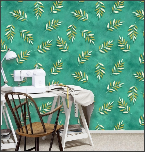 WIN12_14(1) Vibrant Teal Wallpaper With Botanical Leaf 12125