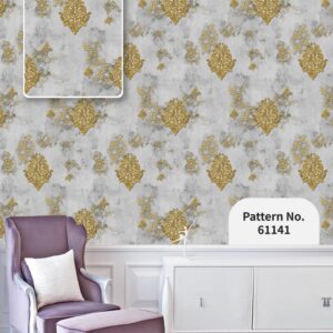 Vintage Gold Damask Wallpaper Textured Gray-Blue Backdrop 61141