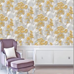 Layered Golden Foliage Wallpaper Textured Gray-Blue Backdrop 61101